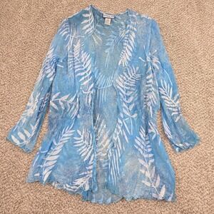 Simply Silk Womans Open Front Kimono Top Blue Tropical Sheer L Silk Blend Long